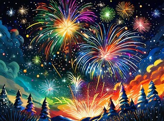 New Year Fireworks Art Illustration Design Card
