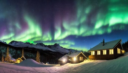 Northern lights ,houses with lights ,forest and mountains on the background