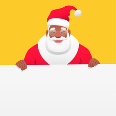 Fototapeta na wymiar A black African old Santa Claus holds an empty white banner with his hands. A template, a place for your ad. Vector illustration
