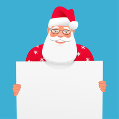 A white empty banner in the hands of a gray-haired Santa Claus. A template, a place for your ad. Vector illustration