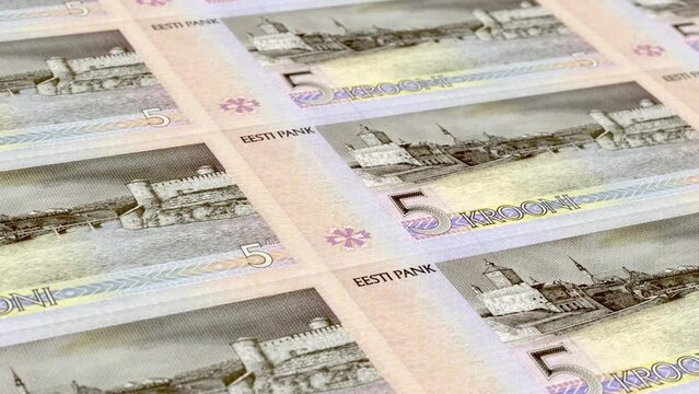 Estonia Estonian Kroon 5 Banknotes Money Printing House, Printing Five Estonian Kroon, Printing Press Machine Print out Estonian Kroon, Being printed by currency press machine 5 Estonian