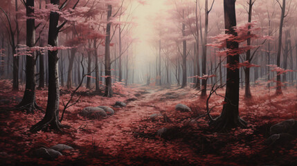Ultra realistic landscape of trees with maroon leave