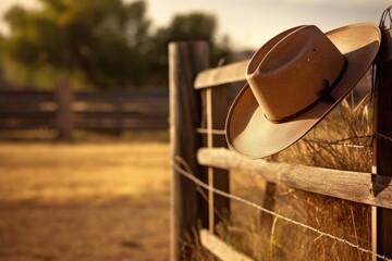 Cowboy Hat And Lasso Hang From Ranchs Wooden Fence