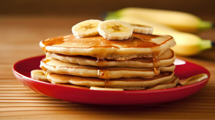 Stack of Pancakes with Syrup and Banana Slices