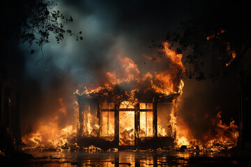 A burning building at night. The house on fire.