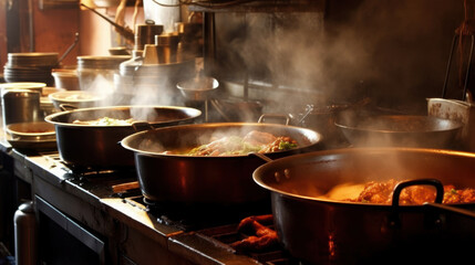 Busy Kitchen with Steaming Pots on Stove