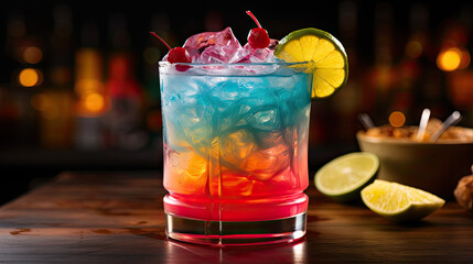 glass of  rainbow cocktail, Cocktail with vibrant color, rainbow layered colors.
