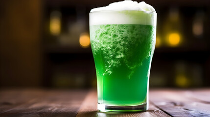 Closeup of vibrant green beer on a bar counter, Saint Patrick's Day celebration - obrazy, fototapety, plakaty