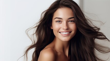 Portrait of a beautiful, sexy happy smiling woman with perfect skin and long hair, on a white background, banner. - obrazy, fototapety, plakaty
