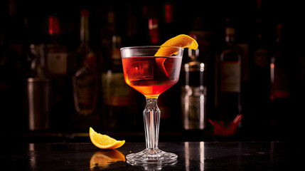 glass of red wine on the table, Adonis alcoholic cocktail drink with sherry and red vermouth, black bar counter background, - obrazy, fototapety, plakaty