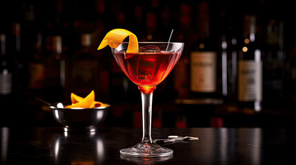 glass of red wine on the table, Adonis alcoholic cocktail drink with sherry and red vermouth, black bar counter background, - obrazy, fototapety, plakaty