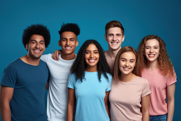 Cheerful young diverse people with toothy smiles posing together and looking at camera against blue background. - Powered by Adobe