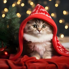 Captivating Christmas Feline: Adorable Cat in Red Attire Sending Warm Christmas Wishes Amidst Festive Decor and Cheerful Christmas Tree