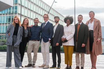 Portrait of smiling businesspeople posing for a group photo, standing outside the office showing unity and cooperation together. Company staff members in row looking at camera and laughing for