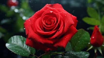 A red rose in full bloom, its velvety petals symbolizing love and passion, captured in the heart of nature.