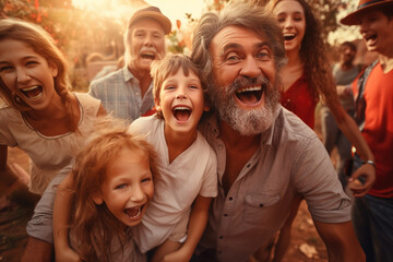 Happy multi-generation family having fun together outdoors. - Powered by Adobe
