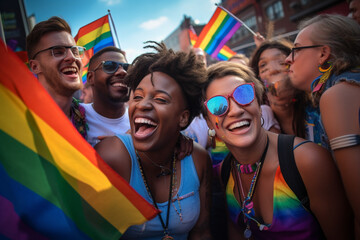 Fototapeta premium Joyful celebration of diversity at a pride event: Diverse group of people from various cultural backgrounds celebrating together in a vibrant, inclusive atmosphere