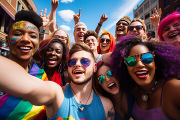 Fototapeta premium Joyful celebration of diversity at a pride event: Diverse group of people from various cultural backgrounds celebrating together in a vibrant, inclusive atmosphere