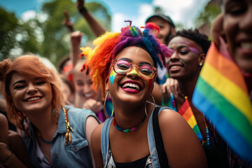 Obraz premium Joyful celebration of diversity at a pride event: Diverse group of people from various cultural backgrounds celebrating together in a vibrant, inclusive atmosphere