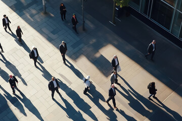 High angle shot of business people commuting to work in the morning or from the office in the evening on foot. Pedestrians dressed in businesswear with long shadows. - obrazy, fototapety, plakaty