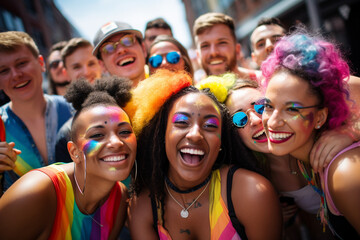 Joyful celebration of diversity at a pride event: Diverse group of people from various cultural backgrounds celebrating together in a vibrant, inclusive atmosphere
