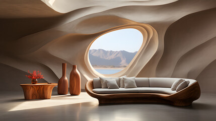 Fototapeta premium Abstract cave interior with luxury wooden furniture and view to mountains and lake. Background