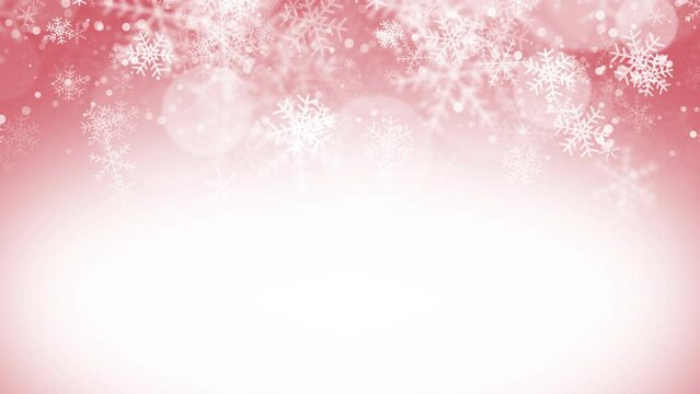 Delicate pink frame with flying snowflakes and white empty space for text. Looped animation.