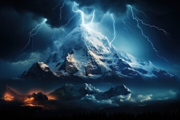 An awe-inspiring image of a mountain hit by lightning against the backdrop of the Milky Way galaxy by Generative AI