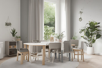 Modern Clean Contemporary Grey White Kitchen, Wooden Dining Table with Big Window and Herringbone Parquet Floor