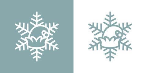 Tiempo de Navidad. Silueta lineal de copo de nieve con sombrero de elfo de Santa Claus para su uso en invitaciones y tarjetas - obrazy, fototapety, plakaty