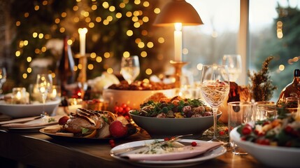 Festive Christmas dinner table with delicious food and snacks, new year’s decorations and Christmas tree in the background