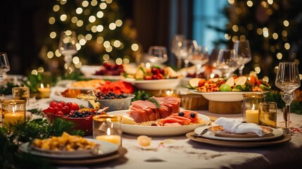 Festive Christmas dinner table with delicious food and snacks, new year’s decorations and Christmas tree in the background