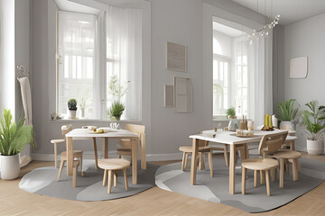 Modern Clean Contemporary Grey White Kitchen, Wooden Dining Table with Big Window and Herringbone Parquet Floor