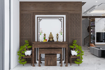 A tiny Buddhist temple interior with Wooden partitions. 3D rendering