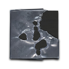 fused and liquid plastic wrap bag on black square canvas with shadows, on transparent background, frame for packaging music cover art and posters, greeting cards, to announce your work, Y2K style	