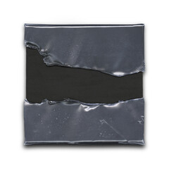 fused and liquid plastic wrap bag on black square canvas with shadows, on transparent background, frame for packaging music cover art and posters, greeting cards, to announce your work, Y2K style	