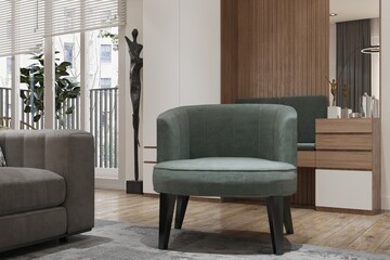 Green armchair setting in the modern minimalist living space. 3D rendering