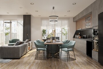 Modern open plan apartment with stylish living room with dining area and open kitchen in one room. 3D rendering