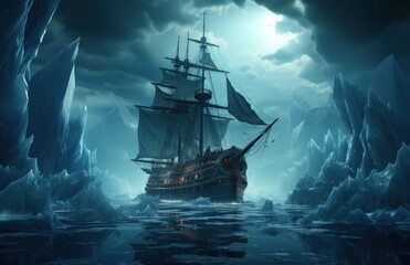 pirate ship in the sea - obrazy, fototapety, plakaty