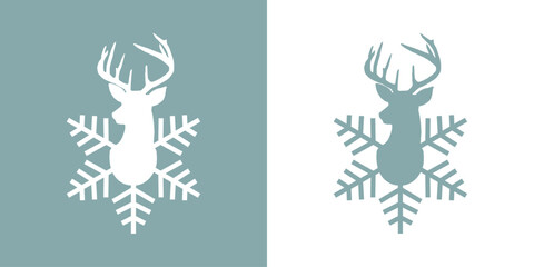 Tiempo de Navidad. Silueta lineal de copo de nieve con cabeza de reno o ciervo para su uso en invitaciones y tarjetas - obrazy, fototapety, plakaty