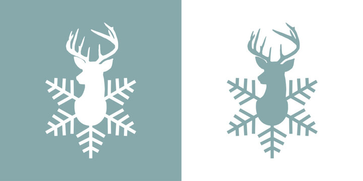 Tiempo de Navidad. Silueta lineal de copo de nieve con cabeza de reno o ciervo para su uso en invitaciones y tarjetas