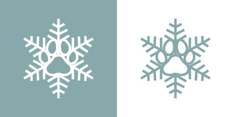 Tiempo de Navidad. Logo pet friendly. Silueta lineal de copo de nieve con zarpa de perro o gato para su uso en invitaciones y tarjetas - obrazy, fototapety, plakaty