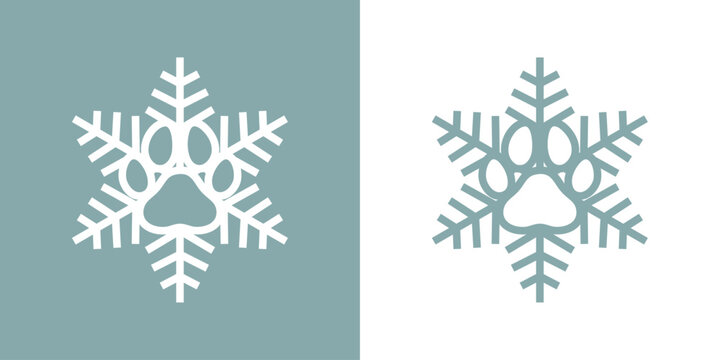 Tiempo de Navidad. Logo pet friendly. Silueta lineal de copo de nieve con zarpa de perro o gato para su uso en invitaciones y tarjetas