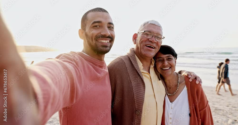 Sticker Man, senior parents and beach selfie with hug, care and bonding in summer sunshine for vacation in Mexico. Father, mother and son on happy family holiday with photography for memory, ocean and face