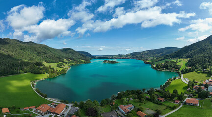 Aerial view, Schliersee with the town of Schliersee, Upper Bavaria, Bavaria, Germany,