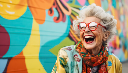 Very bright and happy old woman laughing in stylish glasses on a multi-colored background - Powered by Adobe