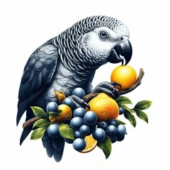 Obraz premium A parrot is eating fruit on a branch. white background image