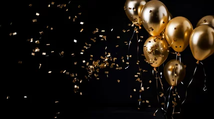 Rolgordijnen Gold balloons and confetti on black background for festive occasions © Ameer