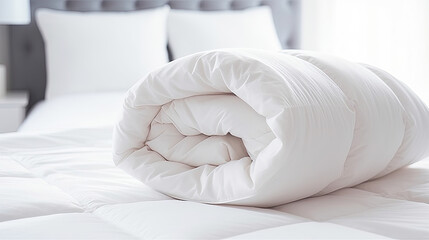 White folded duvet lying on white bed background. Preparing for winter season, household, domestic activities, hotel or home textile, bed with pillows,A folded rolls duvet is lying on the dresser 