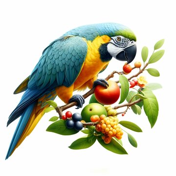 A parrot is eating fruit on a branch.  white background image
